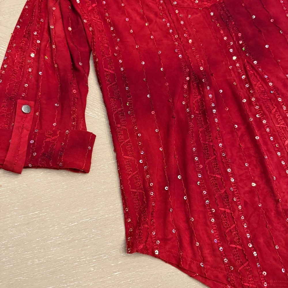Red 3/4 Sleeve Blouse with Mandarin Collar Sequins Holiday - Picture 3 of 9